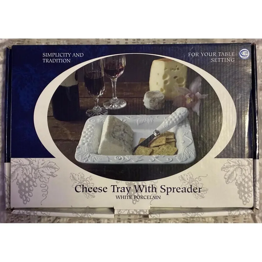 Vintage CIB White Porcelain Cheese Tray with Spreader  Embossed Grapevine Design